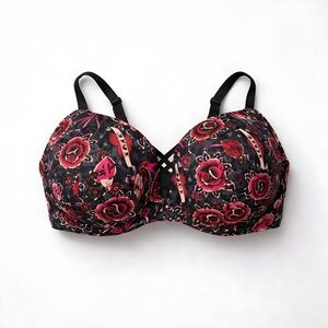 Torrid 40DD Plunge XO Black and Red Floral Tatted Up Floral Bra